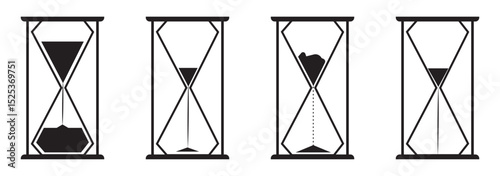 Sand watch icon set. Hourglass symbol. Flat vector illustration. Sandglass logo. Set of hourglass icons. Loading sign. Waiting time concept, Time measurement, deadline. Vector, isolated illustration.
