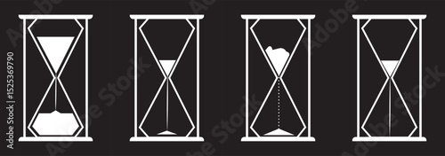 Sand watch icon set. Hourglass symbol. Flat vector illustration. Sandglass logo. Set of hourglass icons. Loading sign. Waiting time concept, Time measurement, deadline. Vector, isolated illustration.