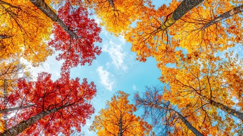 autumn on scene book concept. Colorful autumn foliage framed by a bright blue sky.