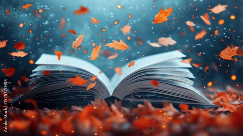 autumn on scene book concept. A book surrounded by floating autumn leaves in a dreamy atmosphere.