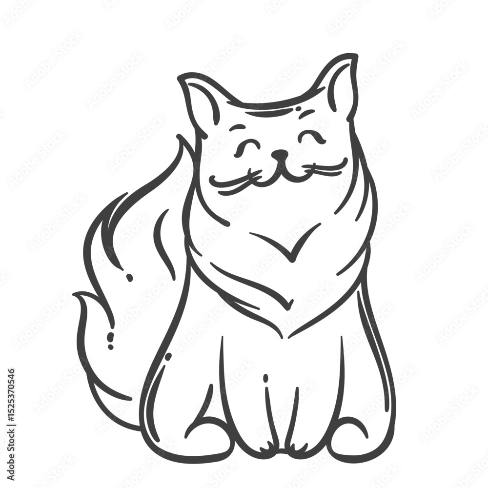 Obraz premium Cartoon doodle style fluffy cat outline sitting with big bushy tail and happy face. Vector illustration of cute cat outline is great for coloring pages, stickers, or children art.