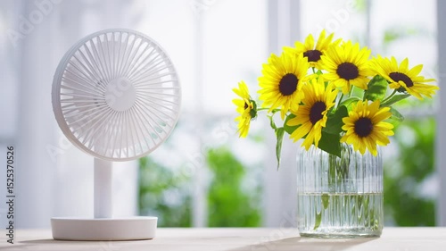 Summer Vibe with Table Fan and Sunflowers in Vase on Table