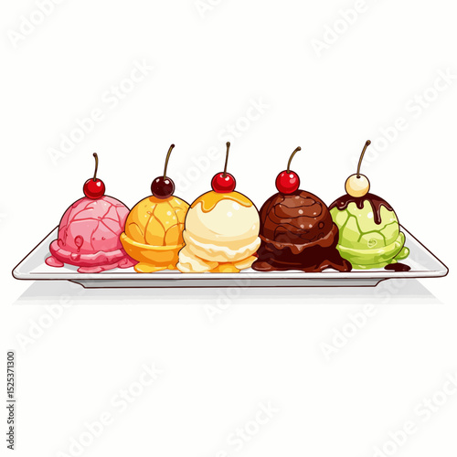 Colorful ice cream scoops arranged on a platter with cherries on top  