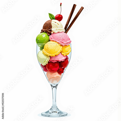 Colorful ice cream sundae with cherries and chocolate sticks  