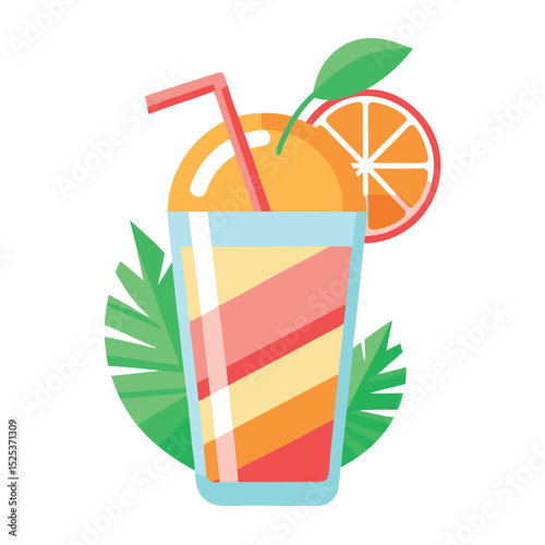 Colorful vector illustration of a refreshing orange juice drink with straw and citrus fruit