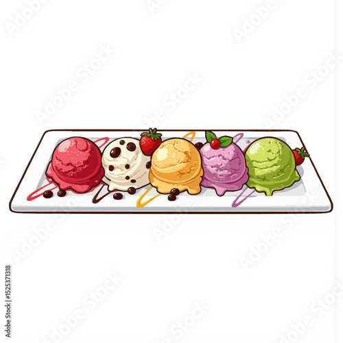 Colorful scoops of ice cream on a white plate with toppings  