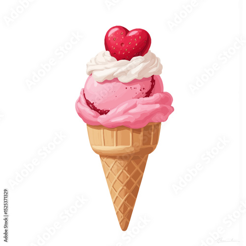 Pink ice cream cone with heart and whipped cream topping  