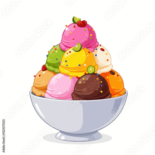 Colorful ice cream scoops stacked in a bowl with toppings  
