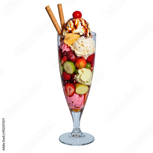 Colorful ice cream sundae with fruits and wafer sticks in glass  