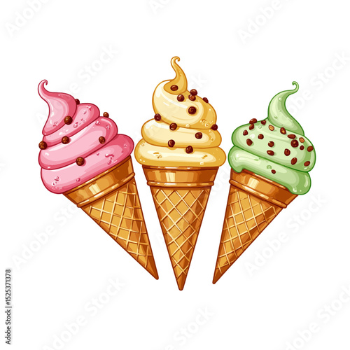 Three colorful ice cream cones in waffle cones with toppings  