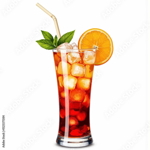Refreshing iced tea cocktail with orange slice and straw  