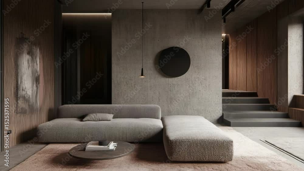 Modern interior featuring boucle couch and raw concrete wall in loft style