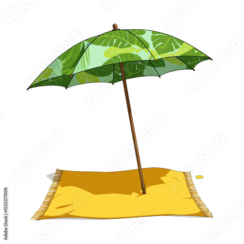 Colorful beach umbrella with tropical leaves on yellow towel  