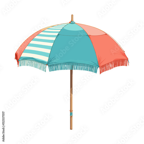 Colorful beach umbrella with fringe and striped pattern  