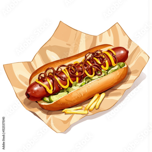 Hot dog with mustard and ketchup served on paper with fries  