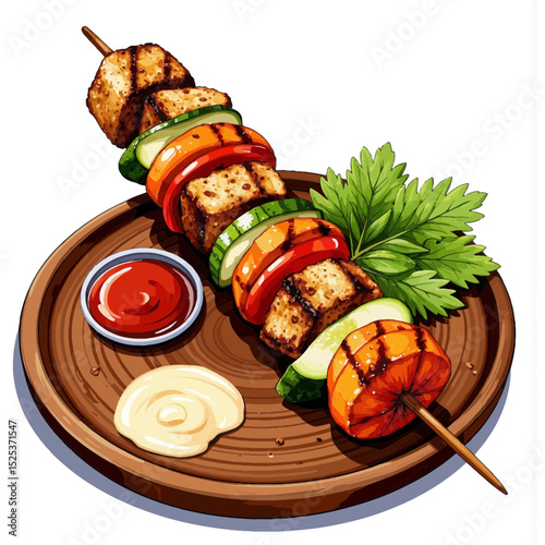Grilled vegetable and tofu skewers on wooden plate with sauces  