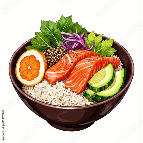 Fresh salmon rice bowl with vegetables and herbs in brown bowl  