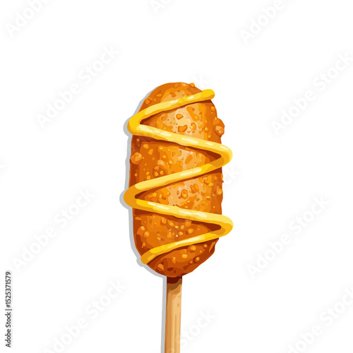 Corn dog on a stick with yellow mustard drizzle  