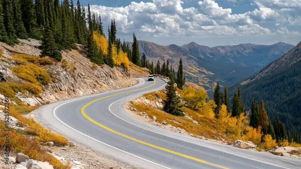 Winding Road Through Mountain Scenery: A scenic highway snakes its way through a stunning mountain landscape, featuring lush greenery, vibrant autumnal hues, and a vast, open sky. Winding Road Through Mountain Scenery: A scenic highway snakes its way through a stunning mountain landscape, featuring lush greenery, vibrant autumnal hues, and a vast, open sky.