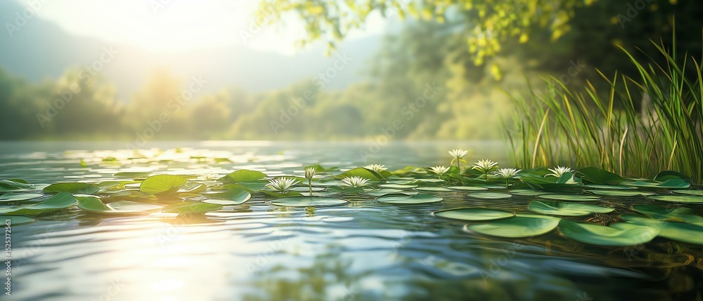 Fototapeta premium Beautiful landscape of a lake with lily pads floating on the surface of the water. the water is calm and still, reflecting the trees and mountains in the background.