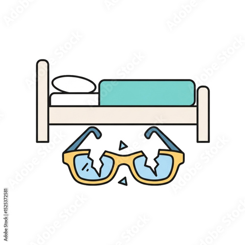 Broken glasses on a bed, representing damage or accident.