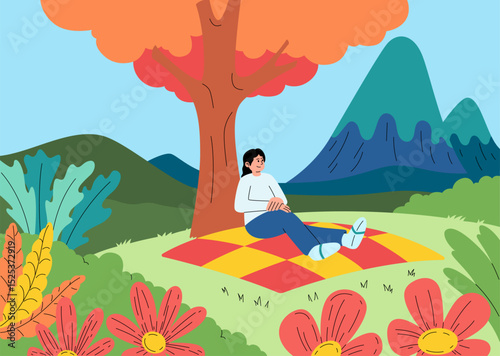 A peaceful moment of relaxation under an orange tree with mountain views