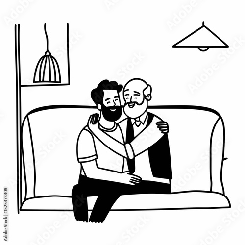 Adult hipster son fun hugging old senior father at home, two generations have a beard talking together and relaxing with smile, 2 man happy enjoy to living at home in father's day with love of family