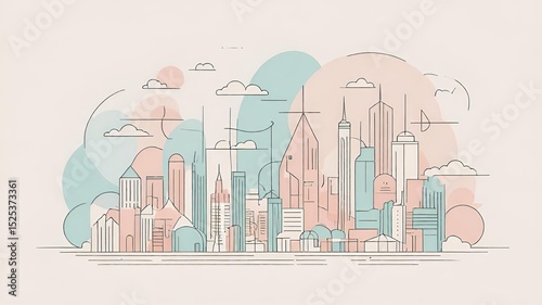 minimalist city skyline illustration with pastel colors and soft shapes, featuring tall buildings, clouds, and a calm urban atmosphere