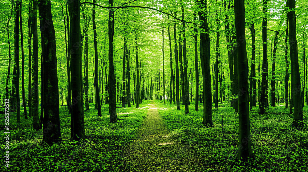 Fototapeta premium Spring primeval forest with a dense, shaded path, natural scenery