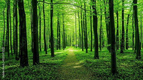 Spring primeval forest with a dense, shaded path, natural scenery