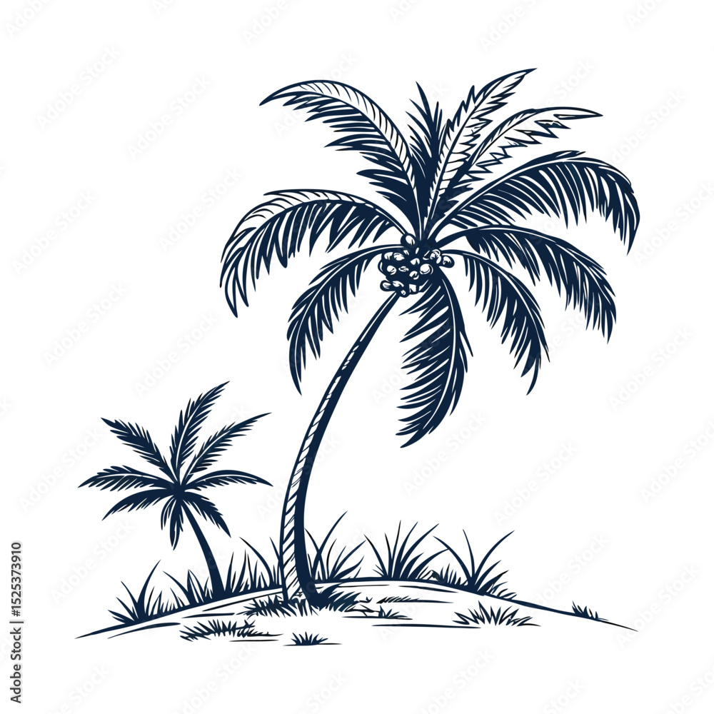 Fototapeta premium Tropical Paradise Hand-Drawn Illustration of Palm Trees on a Secluded Island