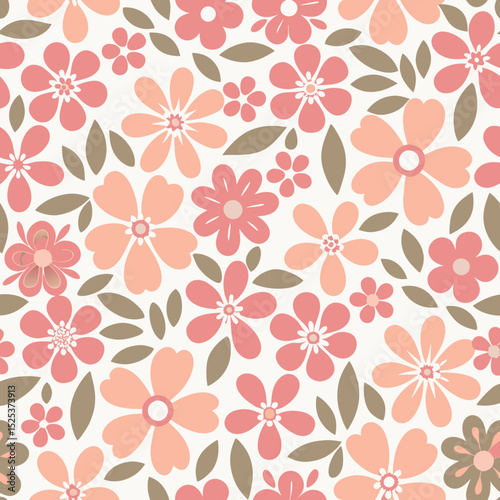 Seamless floral pattern with pink and peach flowers and complementary brown leaves on white background