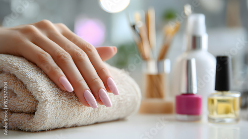Manicured Hand With Long Pink Nails Resting On Beige Towel With Blurred Background