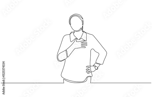 Single one line drawing young woman keeping hands on chest, Smiling friendly female expressing gratitude. Emotion, body language concept. Editablr outline.