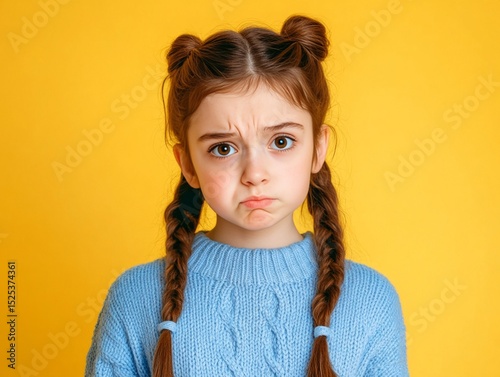 A young girl with pigtails and blue sweater, frowning at the camera in a close-up shot against a yellow background.