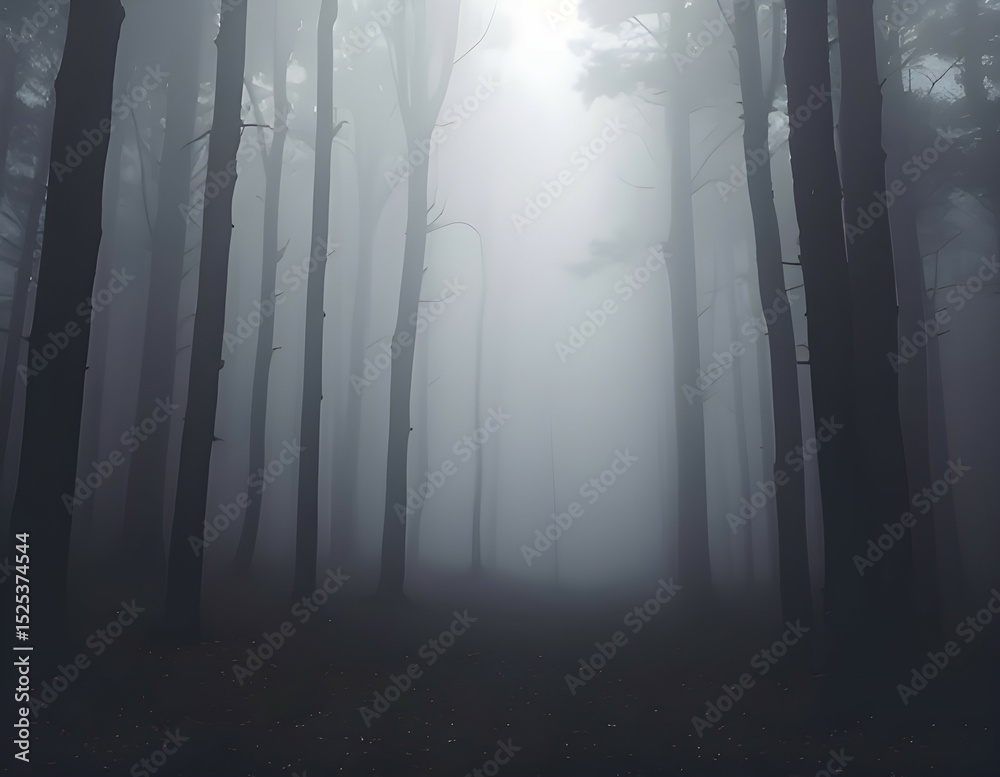 Fototapeta premium A dense fog shrouding a dark forest, with tall, silhouetted tree trunks barely visible through the mist. 