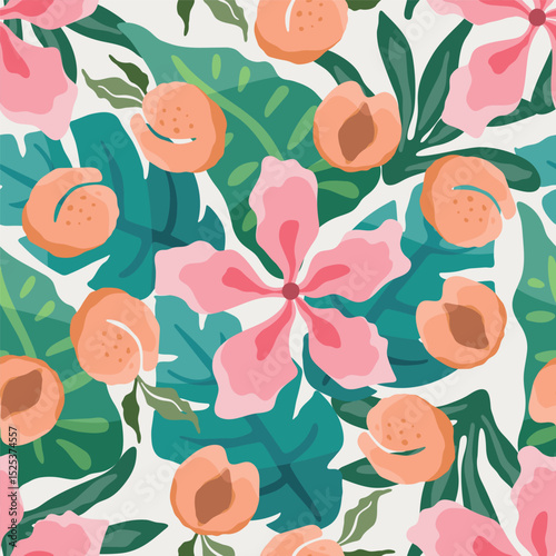 Tropical theme seam less pattern with pink flowers and peaches. Vector illustration.