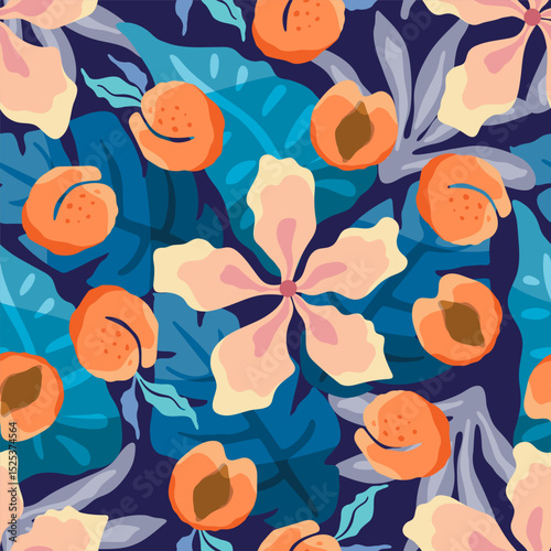 Tropical theme seam less pattern with pink flowers and peaches. Vector illustration.