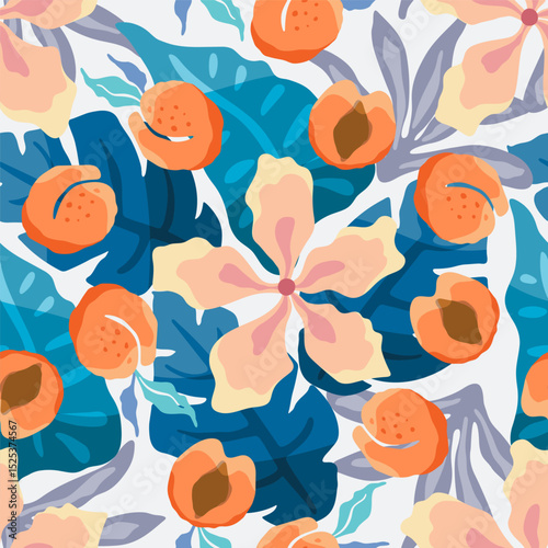 Tropical theme seam less pattern with pink flowers and peaches. Vector illustration.
