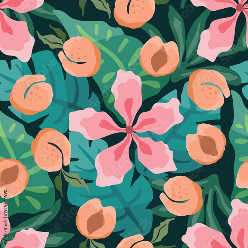 Tropical theme seam less pattern with pink flowers and peaches. Vector illustration.