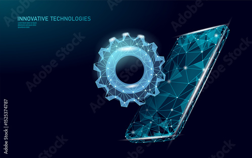 Low poly smartphone process concept. Polygonal phone with gear innovation digital style. Mobile applications data science engineering solutions. Dark background blue vector illustration