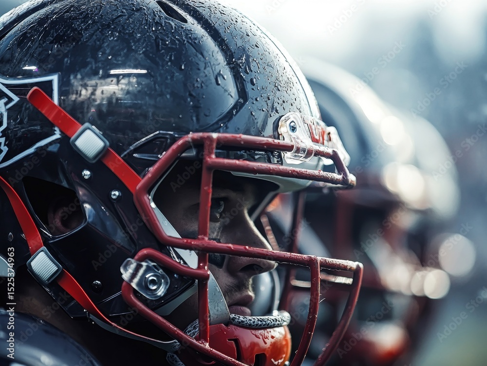 Fototapeta premium The player is looking down on the field, wearing a helmet with rain droplets visible.