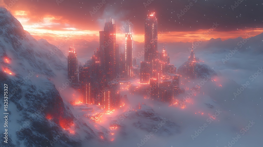 Obraz premium City of fire in frozen mountains