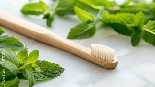 A bamboo toothbrush resting among fresh mint leaves, showcasing sustainability and natural dental care solutions. photo