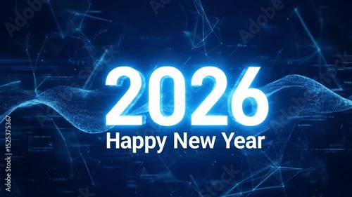 2026 Happy New Year text on a blue futuristic digital backdrop