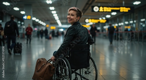 Young woman smiling in wheelchair at the airport terminal  