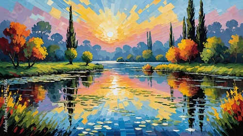 colorful impressionist landscape painting of a bright sunset over a peaceful river with reflections, trees, and vibrant sky, perfect for art and nature themed designs