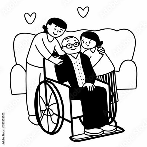 Celebrating Father's Day, Senior Asian grandfather in a wheelchair shares a happy moment at home, hugging his family together, symbolizing generational love and care, health care and life insurance