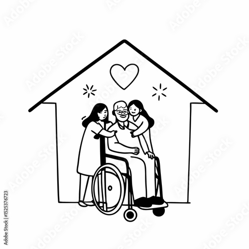 Celebrating Father's Day, Senior Asian grandfather in a wheelchair shares a happy moment at home, hugging his family together, symbolizing generational love and care, health care and life insurance