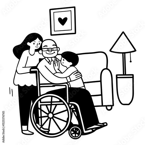 Celebrating Father's Day, Senior Asian grandfather in a wheelchair shares a happy moment at home, hugging his family together, symbolizing generational love and care, health care and life insurance